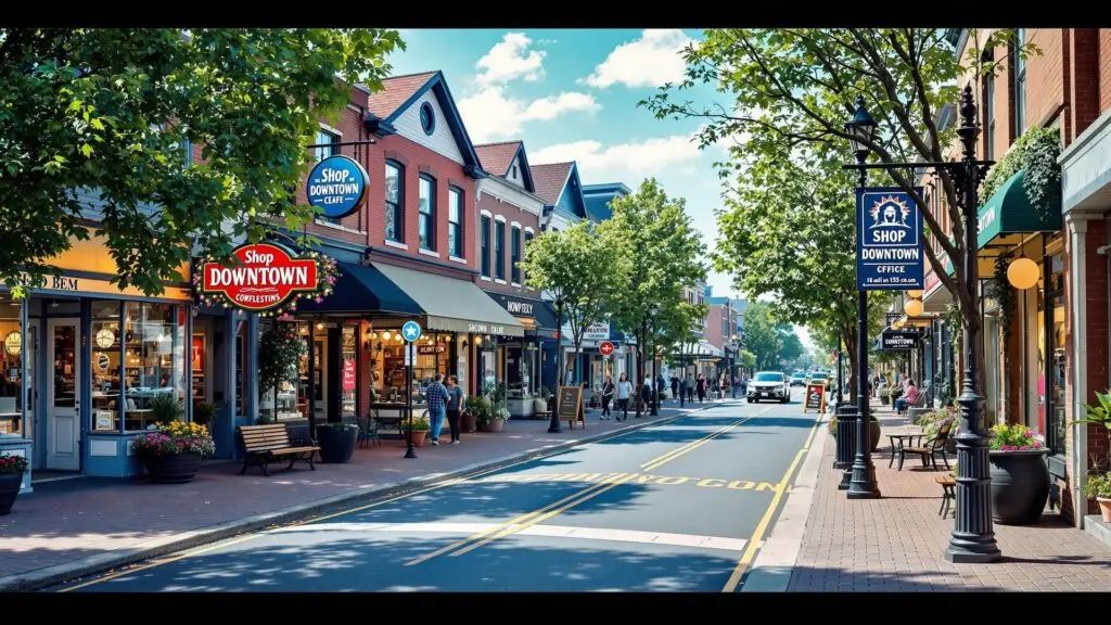 Daytime view of downtown Tukwila, Washington, with storefronts, tree-lined sidewalks, and people walking under a bright, partly cloudy sky