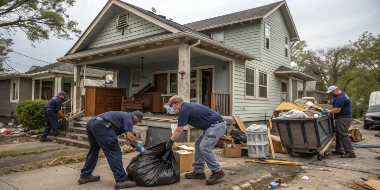Full house cleaning team clearing debris, furniture, and trash bags from a storm-damaged home into a dumpster