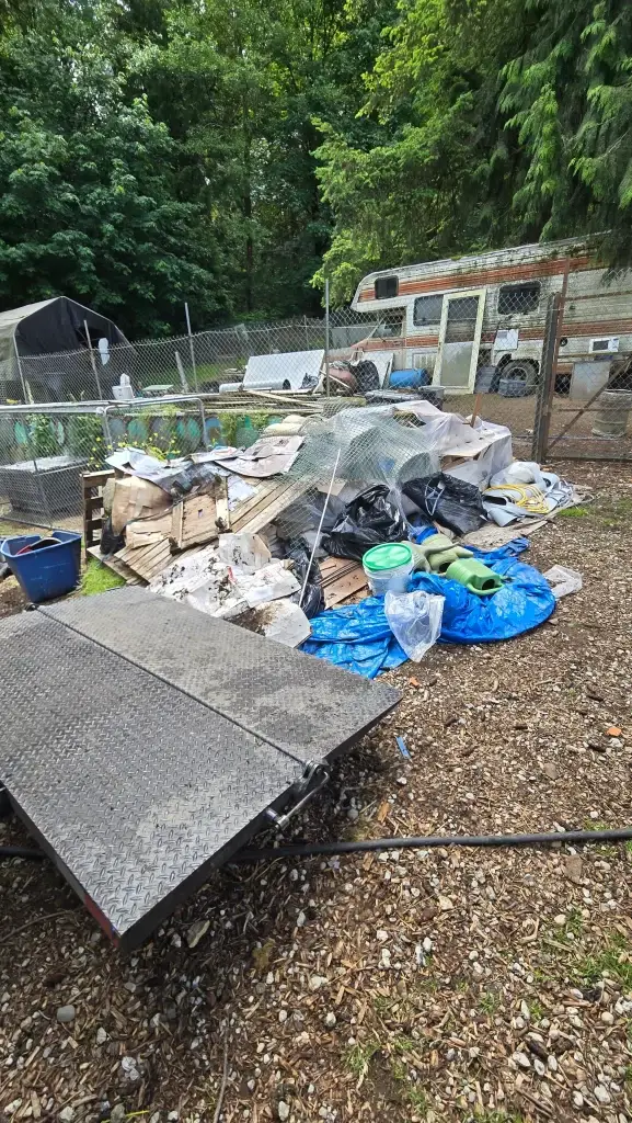 Cleaned yard with cleared debris, featuring chickens and restored soil.