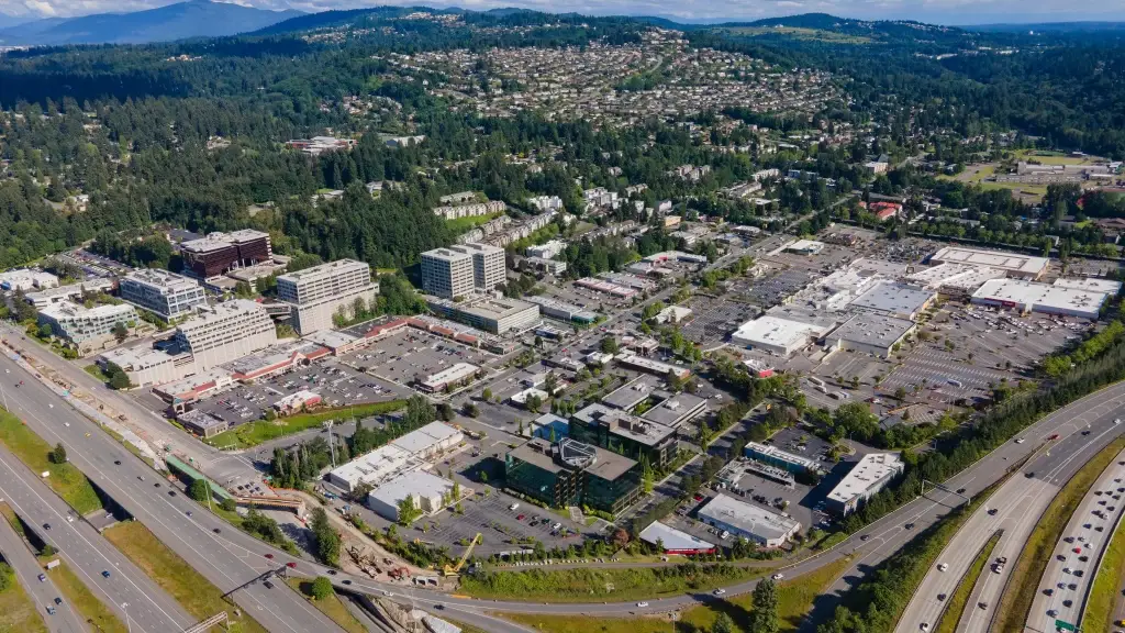 Aerial view of Factoria, Bellevue, WA, showing commercial and residential areas, with Junk Removal in Factoria WA services nearby.