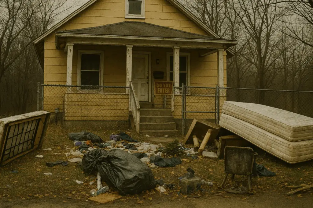Abandoned yellow house with garbage bags, old furniture, and mattresses scattered in the front yard.