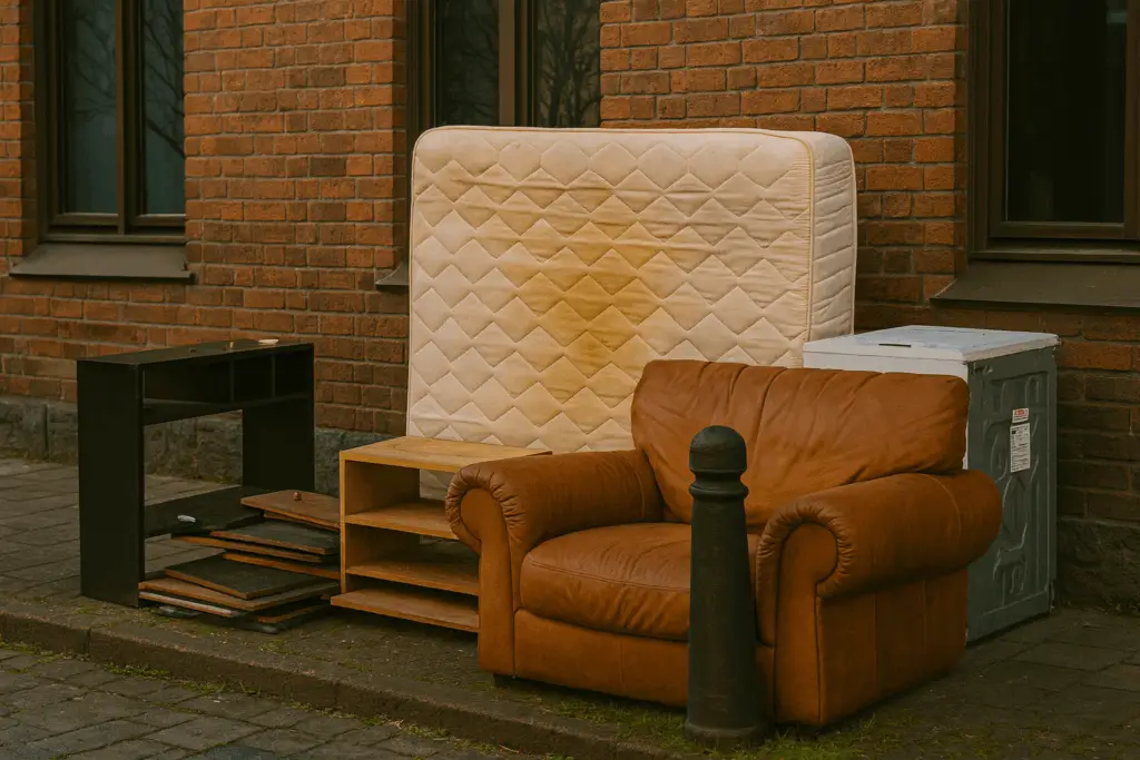 Discarded furniture on a city street including a brown leather armchair, stained mattress, wooden shelves, and an old washing machine.