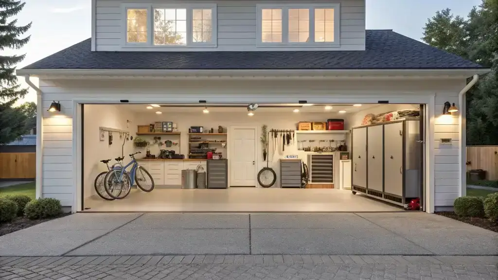 Garage Clean Up Service result: a perfectly organized garage with clean cabinets and shelves holding storage bins, showcasing a clutter free garage.