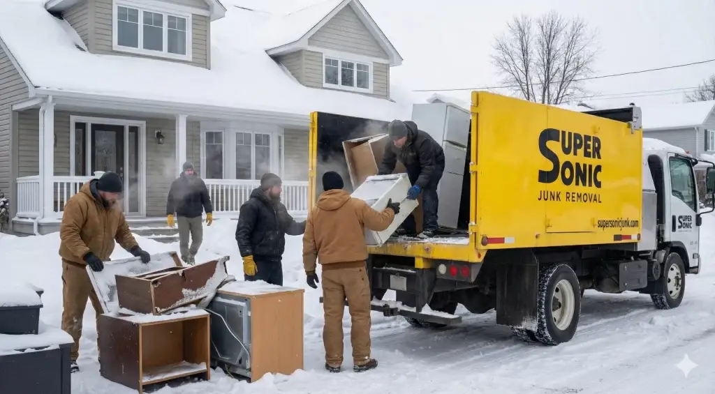 Super Sonic Junk Removal crew loading old appliances and furniture into a yellow truck during winter storms WA.