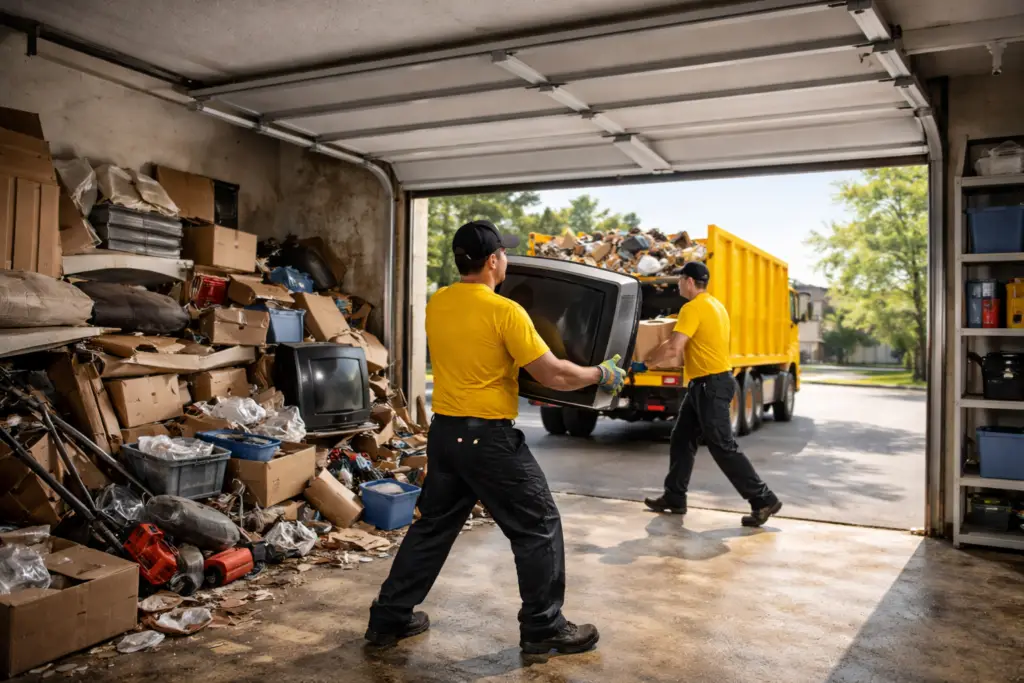 Professional garage cleaning service team in yellow shirts loading a heavy old television and boxes into a yellow junk removal truck.