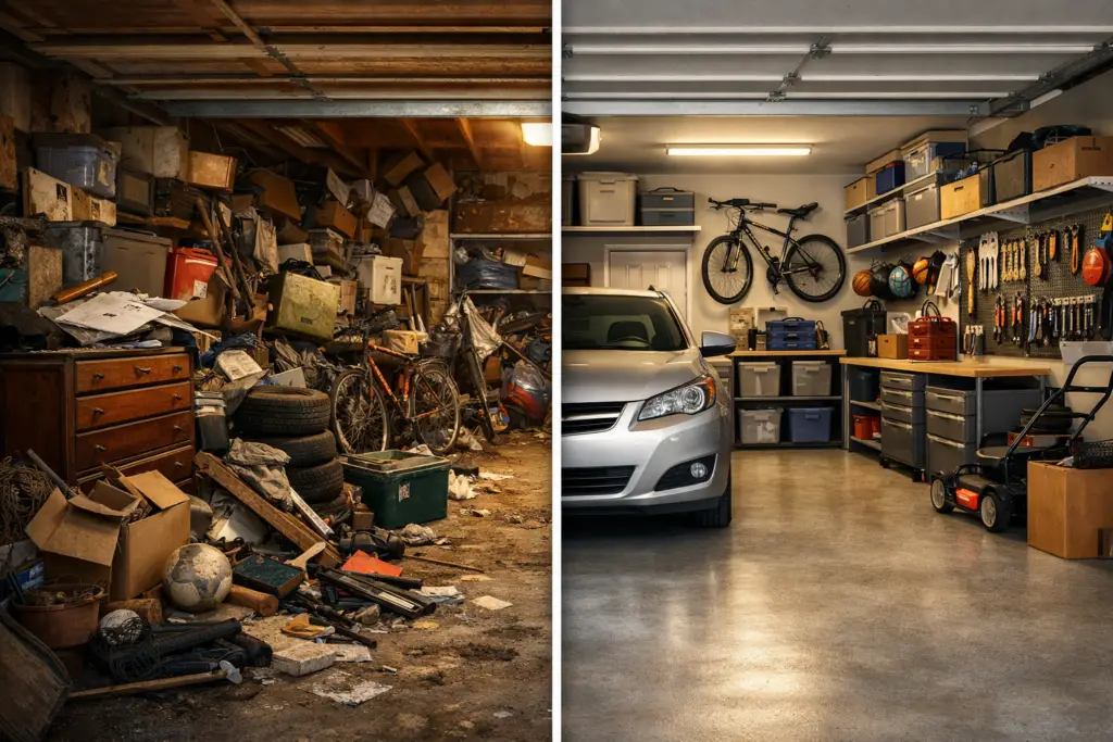 A dramatic before and after a garage cleanout showing a cluttered, dark space transformed into an organized garage with a silver car parked inside.