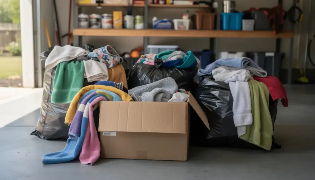 Large black bags and a cardboard box filled with colorful towels and clothing in a garage, representing household textile waste disposal needs in Washington.