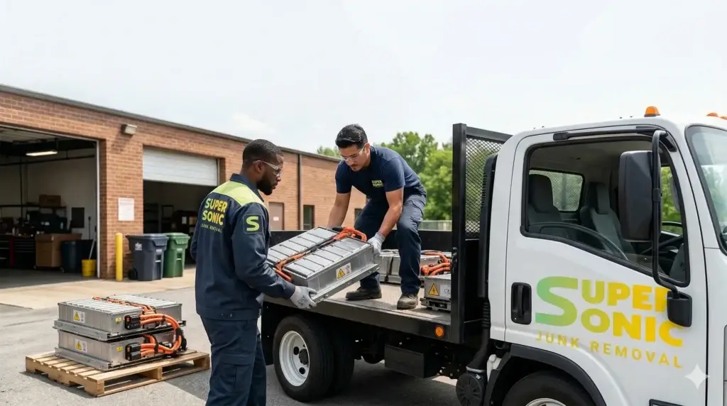 SuperSonic workers load a high-voltage battery pack onto a truck bed to manage safe EV battery disposal.