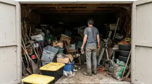 A homeowner standing at the entrance of a dark, overfilled shed packed with old furniture, tires, yard tools, and boxes, looking at the mess.