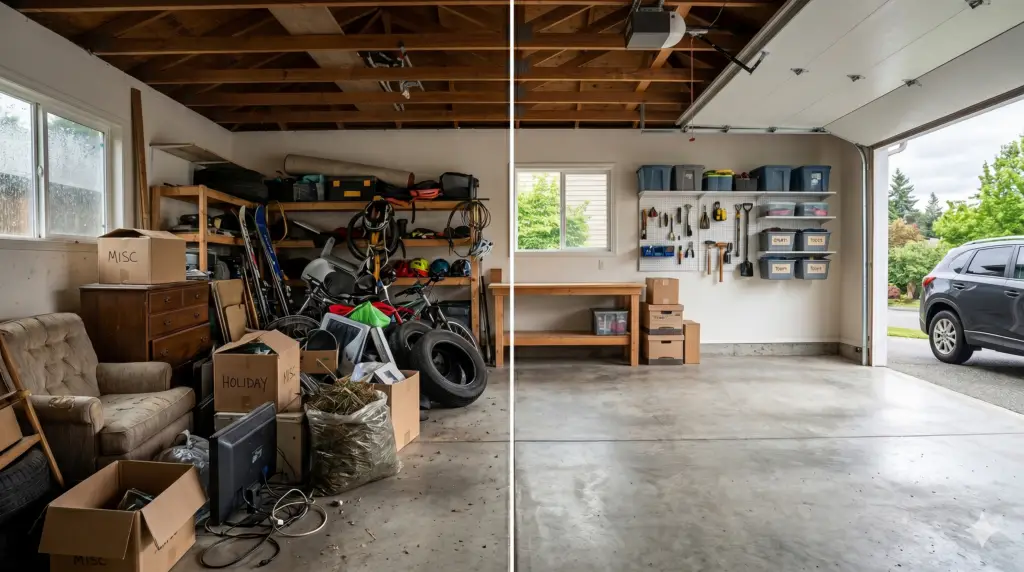 Before-and-after of a Bellevue garage cleanup, showing a cluttered side transformed into a clean, organized, and open garage bay.