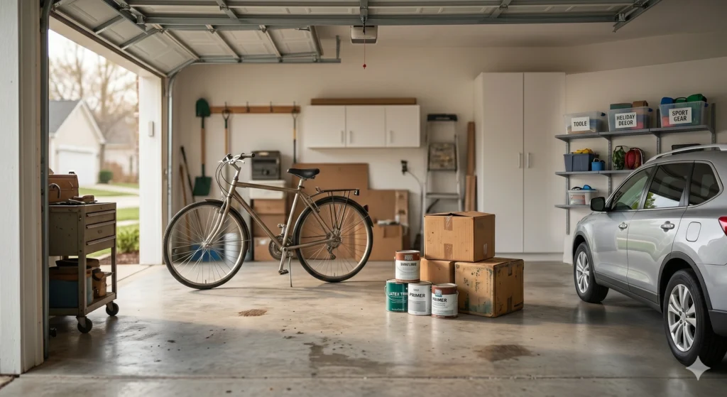 Residential garage with bicycle, boxes, and paint cans after expert garage clean up services.