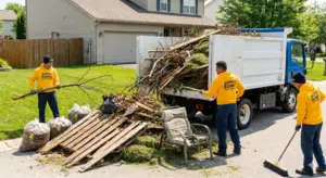 Super Sonic Junk Removal crew managing heavy branch hauling after yard work by loading large tree limbs and pallets into a service truck.