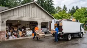 Two workers loading a truck during a full garage cleaning and junk removal service.