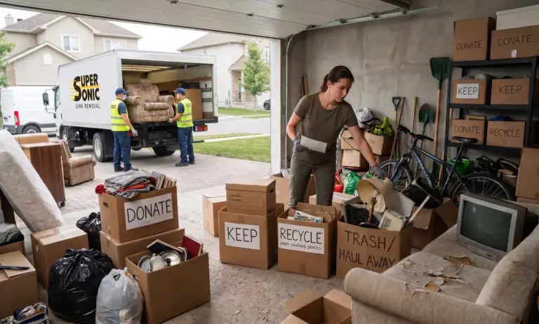 A woman sorts labeled boxes in a garage while a junk removal crew loads a truck in the driveway.