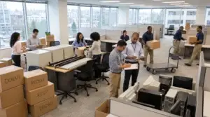 Office team sorting boxes labeled keep, donate, recycle, and discard during an office cleanout, with old computers and filing cabinets ready for removal.